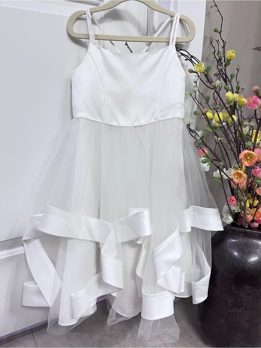 David's Bridal White Tulle High-Low Ribbon Hem Flower Girl Dress